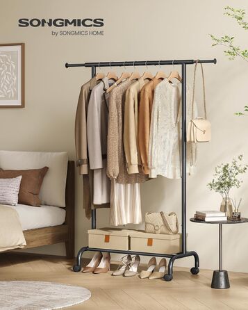 SONGMICS Clothes Rack with Wheels, Extendable Clothes Rod, Garment Rack made of Steel Pipes, Elevated Storage Rod, 40 x (83-120) x 156 cm, Cloud White HSR134W01 (Ink Black)