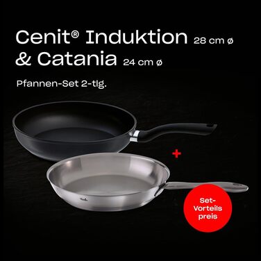 Набір сковорідок Fissler: Catania 24 см (нержавіюча сталь, без покриття) та Cenit 28 см (алюміній, з антипригарним покриттям), для індукції