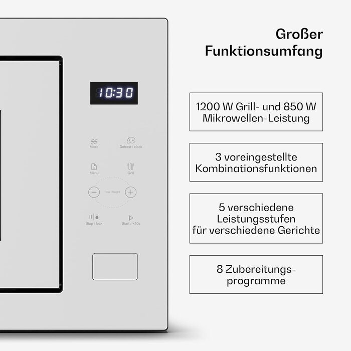 Вбудована мікрохвильова піч Klarstein Velaire 60 см з грилем – 25L, 850W, 8 програм, сенсорне управління, нержавіюча сталь, таймер, білий колір