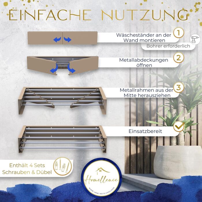 Настінна сушилка для білизни Homellence розтяжна, 3,50 м, білий (70 см, бежевий/капучино)