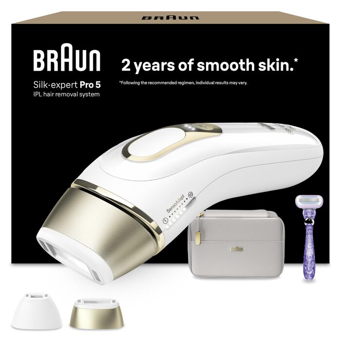 Braun Silk·expert Pro 5 IPL PL5157 – Апарат для епіляції в домашніх умовах, білий/золотий + Gillette Venus