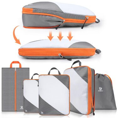 Органайзери для валізи AiQInu Compression Packing Cubes, 5 шт., сірі - компресійні пакети для подорожей, чохол для взуття та білизни, ультралегкі, розширювані