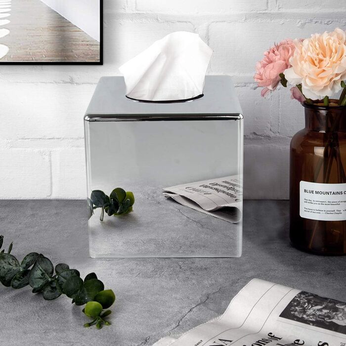 Discoball Tissue Box Cover Cube Tissue Holder Square Mirror Tissue Dispenser Holder Bathroom Tissue Organizer Stand for Home, Office, and Car (Silver)