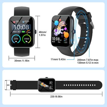 Дитячий розумний годинник Kinder Sport Fitness для дівчаток та хлопчиків з крокомером, 100+ спортивних режимів, будильником, іграми, секундоміром, повідомленнями, активним трекером для підлітків 5-16 років, чорний