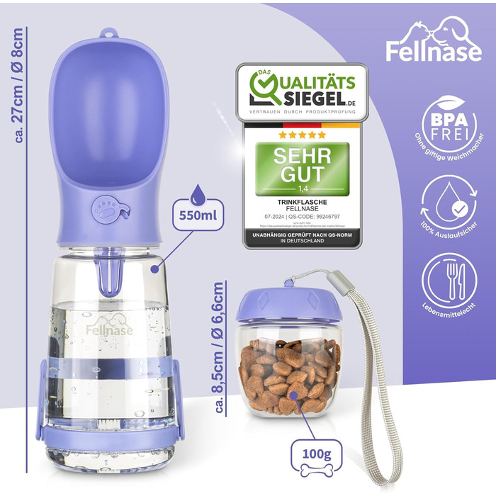 Турботрінка для собак Fellnase - 550 мл, з підставкою та годівницею, проти проливання, для собак та котів, з клапаном зворотного ходу води, колір лавандовий