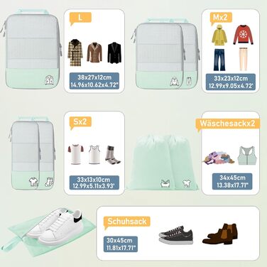 Набір з 8 компресійних органайзерів для валізи - чорний та м'ятний (8 шт.)