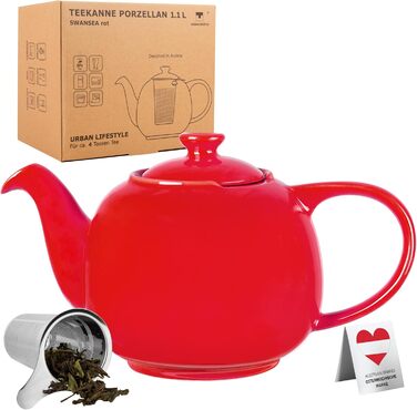Teapot with infuser, Swansea Sea Green 1.1 L with filter, made of porcelain by URBAN LIFESTYLE, a drip-free teapot. Teapot with infuser, porcelain (Red)