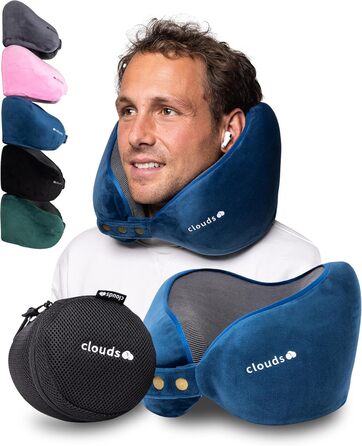 Подушка для шиї CLOUDS – регульована, з піною з пам'яті, для подорожей (літак, авто) – 2 розміри, дихаючий чохол, 5 кольорів (блакитний, L/XL)