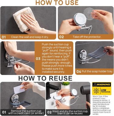 Тримач для мила LEVERLOC з піддоном, місткість до 3 кг, настінний, без свердління, з присосками, для ванної кімнати та кухні, білий (1 ступінь хромована сталь)