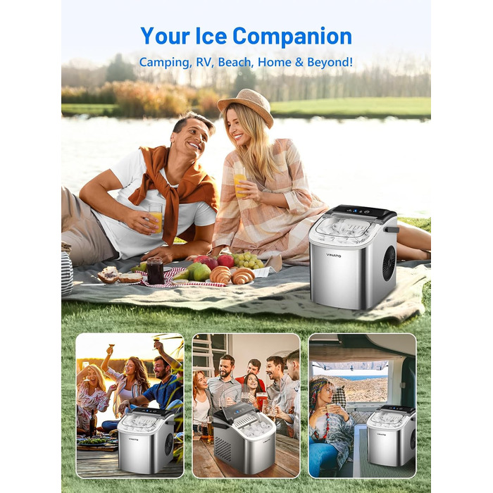 Машина для приготування льоду VINATO, компактна, 9 кубиків за 6-8 хвилин, портативна, продуктивність 12 кг/24 год, тиха робота, з лопаткою та кошиком для кухні, офісу, бару та вечірки, срібна