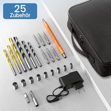 Акумуляторний шуруповерт 12V, комплект 25+1, 25Nm, 2000mAh, 24шт аксесуарів, кейс, 10мм патрон, 2 швидкості, LED-ліхтик, компактний
