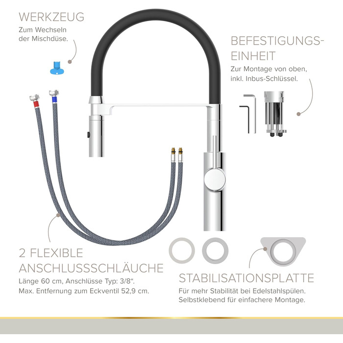 Кухонний змішувач Lenz NALU - матовий, з висувною лійкою, 2 режими, економія води, антижир, монтаж зверху, 46070422 (хром)