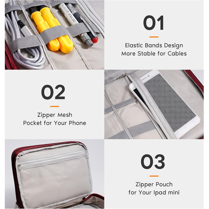 Органайзер для кабелів OrgaWise: кейс-сумка для зберігання та організації кабелів (3 шари, сірий/червоний)