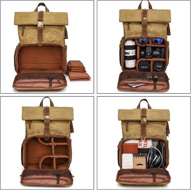 Рюкзак для фотокамери Vmokki Rolltop з водонепроникним покриттям, великий, з швидким доступом, анти-крадіжка, тримач для штатива, відділення для ноутбука. Підходить для дзеркальних фотоапаратів, аксесуарів (Хакі)