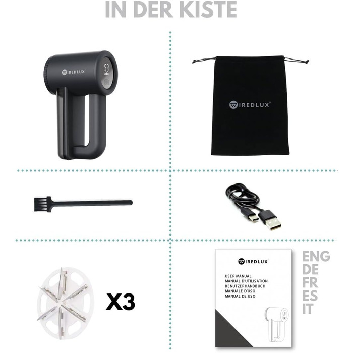 Електричний видальник ворсу WiredLux - акумуляторний пристрій для одягу та меблів. 3 швидкості, 6-ти лезове лезо, LED-дисплей, USB-зарядка (Чорний)