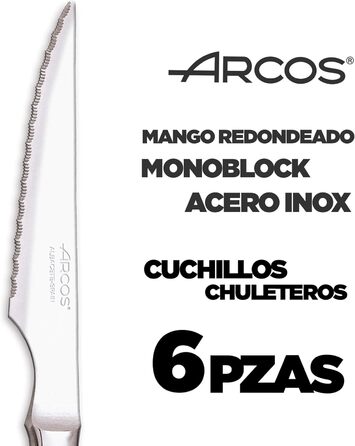 Набір ножів для стейку Arcos, 6 шт, нержавіюча сталь, лезо 110 мм, моноблочна ручка, можна мити в посудомийці, екологічна упаковка