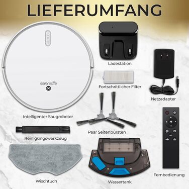 Робот-пилосос SereneLife з функцією миття підлоги, 3-в-1, керування через додаток, ідеальний для шерсті тварин та килимів (3000Pa)