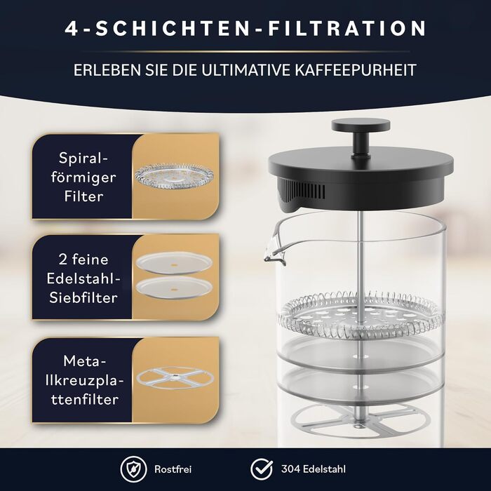 Френч-прес для кави Home Hero – 963.9 г, з бамбуковим руків'ям, скло Borosilikat, нержавіюча сталь, 4-шаровий фільтр, чорний