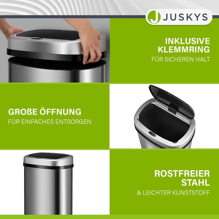 Сміттєвий бак кухонний Juskys з датчиком руху, 70 л, сріблястий - нержавіюча сталь, кутовий, з фіксатором для пакетів