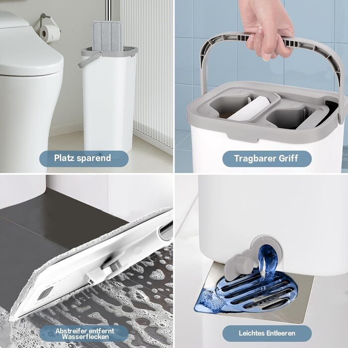 Набір для миття підлоги з відром, Masthome - компактний моп та відро з віджиманням, 3 мікрофібрових насадок та нержавіюча ручка, 2 в 1, для дерев'яних, плиточних та мармурових підлог (білий)