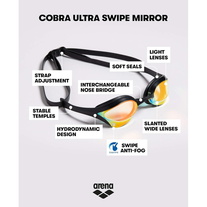 Окуляри для плавання ARENA Cobra Ultra Swipe жовто-білі, універсальні, з антифогом + спрей від запотівання, прозорий, 150 застосувань, один розмір