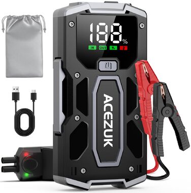 Бустерувальний пусковий пристрій ACEZUK 4000A 12V для авто, мотоциклів та газонокосарок (до 7.0L бензин / 5.5L дизель) з LED-ліхтарем та цифровим дисплеєм