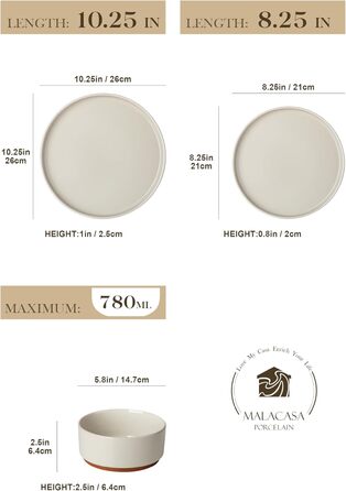 MALACASA Набір посуду з каменю 6 осіб, 18 предметів: тарілки, миски, керамічний сервіз з глазур'ю 