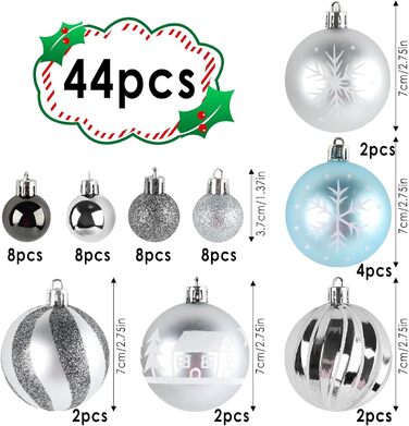 44 штуки прикрас для ялинки, декор на Новий рік, пластикові кулі для ялинки з подарунковим пакетом (срібно-блакитний)