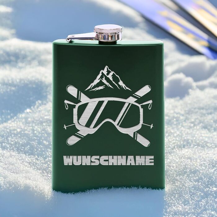 Фляга з нержавіючої сталі Flanacom з гравіюванням, 227мл / 8oz, для гірськолижників, персоналізована, з воронкою (дизайн 3, зелений)