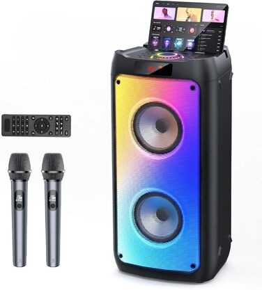 Караоке-машина JYX з 2 мікрофонами, портативна Bluetooth колонка з RGB-підсвіткою, караоке система для дому, вечірок, PA-система для дорослих, Party Box, підтримка TF/USB, AUX, FM, Rec, TWS, чорний