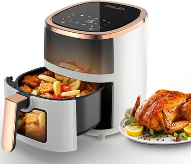 Фритюрниця без олії 6L з 8 програмами, Rapid Air, сенсорний екран, вікно, 200°C, 1200W, для миття в посудомийній машині, гриль, випічка, смаження (Біла)