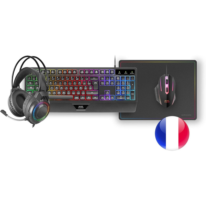 Mars Gaming MCP124PRO: Геймінговий комбосет 4в1 з RGB підсвічуванням (клавіатура, миша, навушники, килимок)
