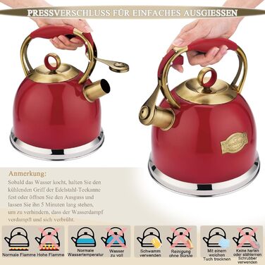 Чайник-свисток 3л з нержавіючої сталі, з термостійкою ручкою, для індукційних плит (червоний)