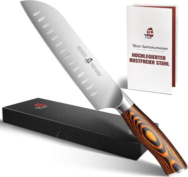 TUO Santoku ніж: професійний японський ніж з нержавіючої сталі, 18 см, ергономічна ручка з паккавуду, серія Fiery Phoenix