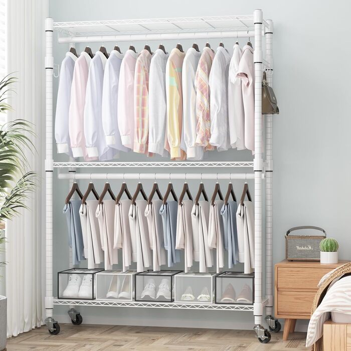 Double Clothes Rack/Garment Rod with Adjustable Shelves, Heavy-Duty Clothes Rack with 2 Hooks, Clothes Rack with Wheels, 90 * 42 * 205cm, White