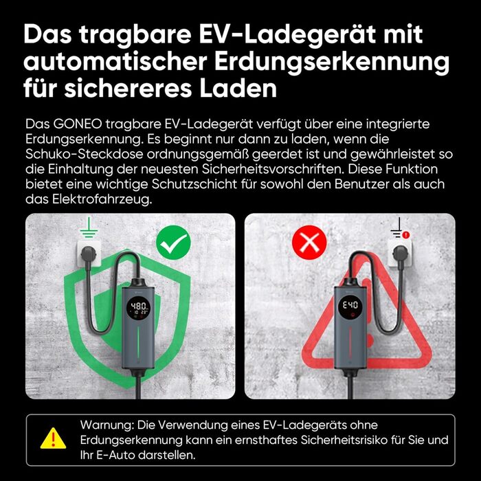 Кабель для електромобіля GONEO Typ 2 Schuko, 10м, 16A, 3.68 кВт - Портативна зарядка з захистом FI, автоматичним заземленням та контролем температури, таймер для електромобіля, сертифікат TÜV