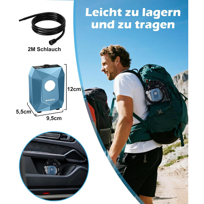 Портативна душова кабіна WADEO з акумулятором, помпою та підсвічуванням, 120 хвилин роботи, LED-ліхтар, мобільний душ-сет з 2м шлангом, душовою насадкою, тримачем та відром для саду, миття автомобіля, домашніх тварин, пляжу, подорожей (Блакитний, з відром