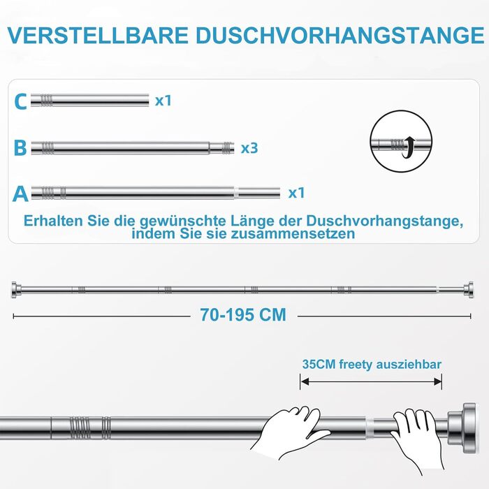 Штанга для душу без свердління з нержавіючої сталі, телескопічна, регульована, 70-195 см, для ванної кімнати, вікна, шафи, срібна