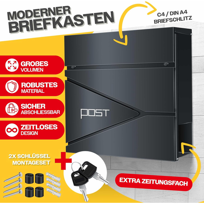 Поштовий ящик KESSER з газетницею, нержавіюча сталь, сріблясто-антрацитовий, 2 ключі, настінний монтаж, з м'яким закриттям кришки, комплект для кріплення
