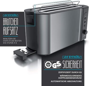 Arendo - Stainless Steel 4-Slice Long Slot Toaster, Defrost, Heat-Insulating Housing, with Integrated Bun Tray, 1500W, Crumb Tray, Display, Cool Grey A: Cool Grey