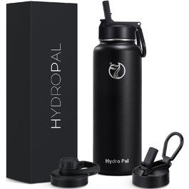 Термофляга HydroPal 1.2л (1200 мл) нержавіюча сталь, BPA-free, чорна - для спорту, подорожей, кемпінгу з соломинкою та двома кришками