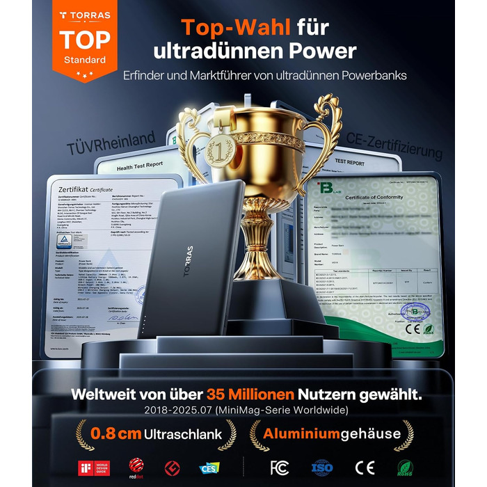 TORRAS MiniMag Ultra Slim Powerbank з MagSafe для iPhone 17 Pro Max, 5000mAh, Швидка зарядка, Бездротовий акумулятор, USB-C, Серія Titan (Сріблястий)