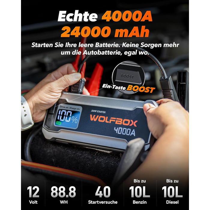 WOLFBOX Powerbank для запуску авто 4000A, 12V, з LED-ліхтарем та великим екраном, для легкових автомобілів, SUV, вантажівок та мотоциклів