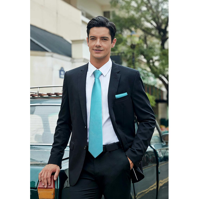 Краватка для чоловіків HISDERN на весілля з кишеньковим хустинкою. Класичний візерунок: клітинка, «курячий лап». Набір краваток та хустинки для бізнесу (аква блакитний)