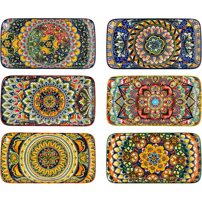 Набір сервірувальних тарілок Henten Home (6 шт.) - прямокутна форма, 25.5 см - для закусок, суші, фруктів, салатів, десертів - безпечно в мікрохвильовці, духовці, посудомийній машині - багатобарвний