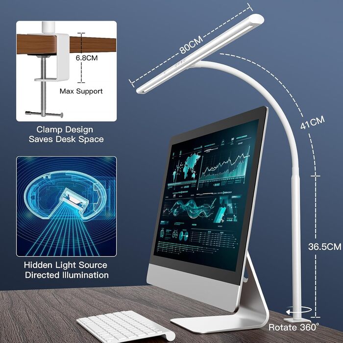 EYOCEAN LED Desk Lamp with Gesture & Remote Control - 24W, 80cm Adjustable Clamp-On Monitor Light - Daylight Lamp for Office Workers, Readers, Architects, and Designers (White)