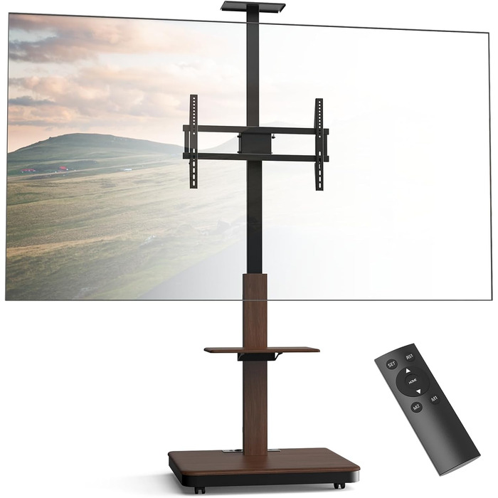Моторний підставка для телевізора XTRARM Elite: регулювання висоти, VESA 600x400, 40-86 дюймів, 60 кг, з полицями та стійкою для розеток (Білий, горіх)