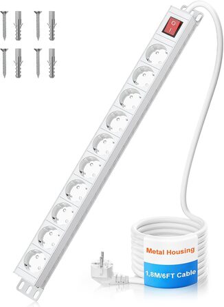 Мережевий фільтр 10 розеток з захистом від перенапруги, з вимикачем та поворотними кріпленнями, металевий корпус (білий)