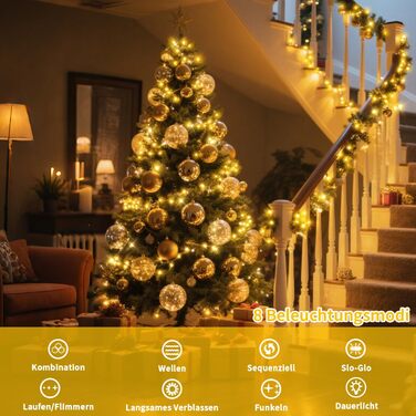 Льо́мка́ з 1200 світлодіо́дів для зовні́шнього використання, 36 метрів, для прикрашання ялинки, 8 режимів, таймер, чорний кабель, IP44, вологостійка, для балкона, саду, вечірки, весілля (тепле біле світло)