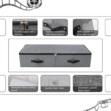 Складана коробка для зберігання під ліжком з ручкою, блискавкою, для ковдр, одягу, постільної білизни, 90×42×18 см, чорно-сіра